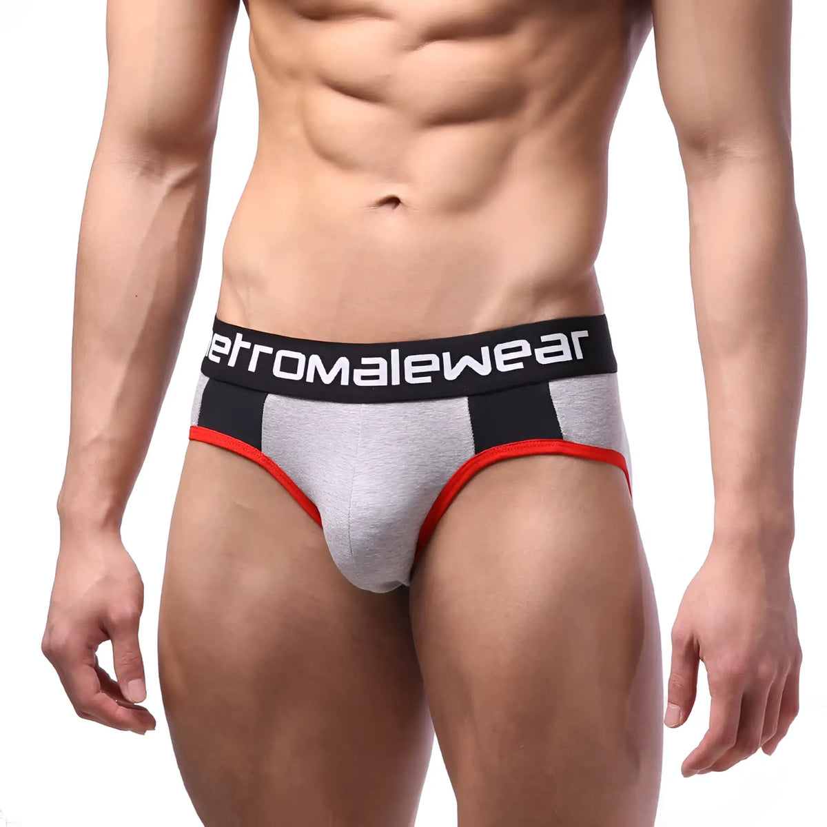 Gray and black highcut athletic briefs with red trim and aeromalewear logo on contrasting waistband metro malewear noir