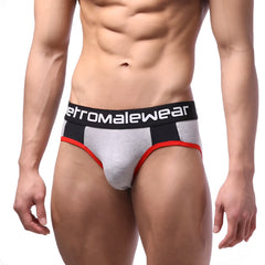 Gray and black highcut athletic briefs with red trim and aeromalewear logo on contrasting waistband metro malewear noir