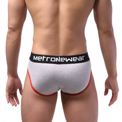 MetroMaleWear Highcut hip brief in gray heather with red trim and black waistband featuring the metronewear logo