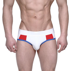 White briefs with red and blue geometric waistband accents metroMalewear highcut hip brief tiempo 5103-01