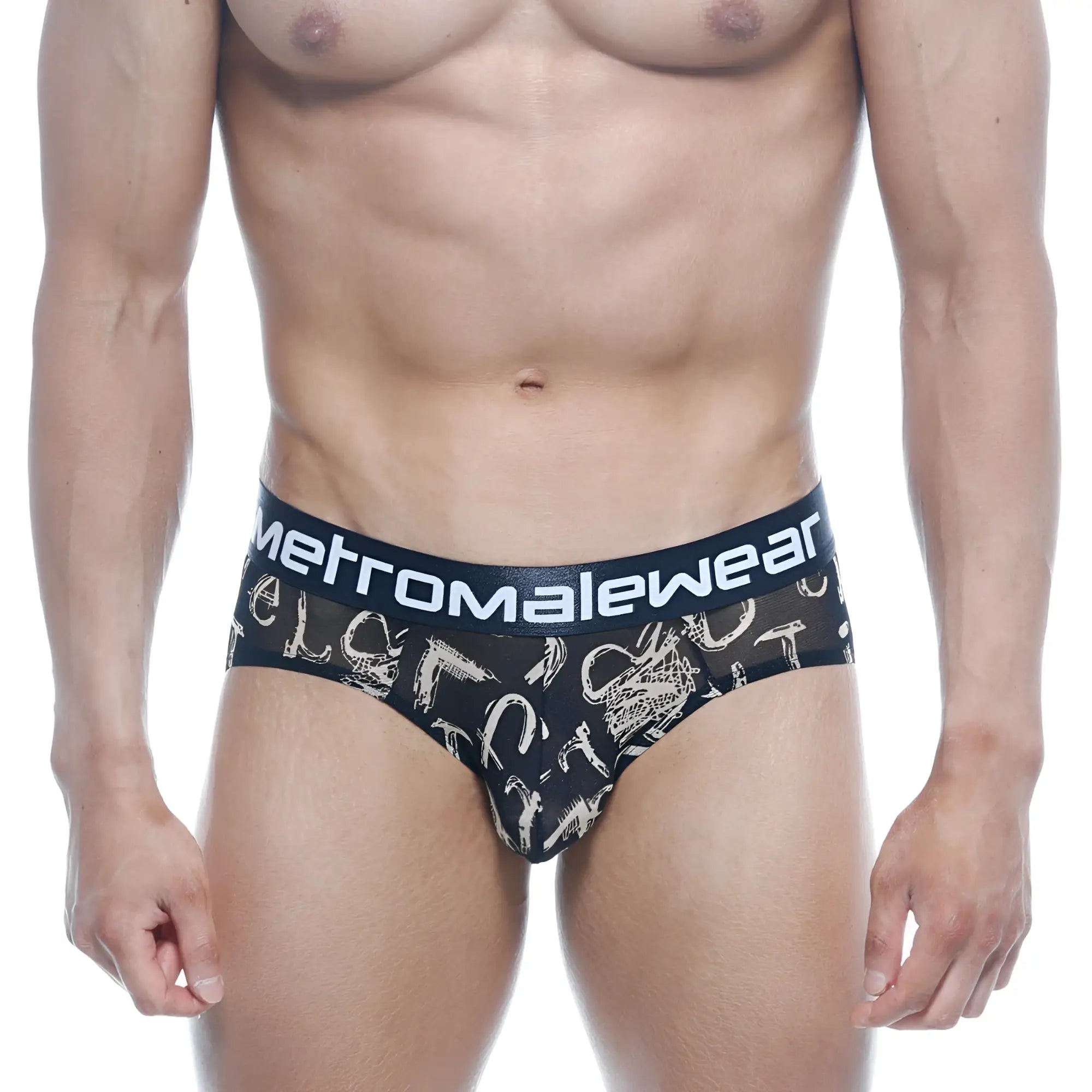 Black men’s briefs with white graffiti pattern and metromalewear logo waistband metroMaleWear hip brief bar oraculo 5003-03