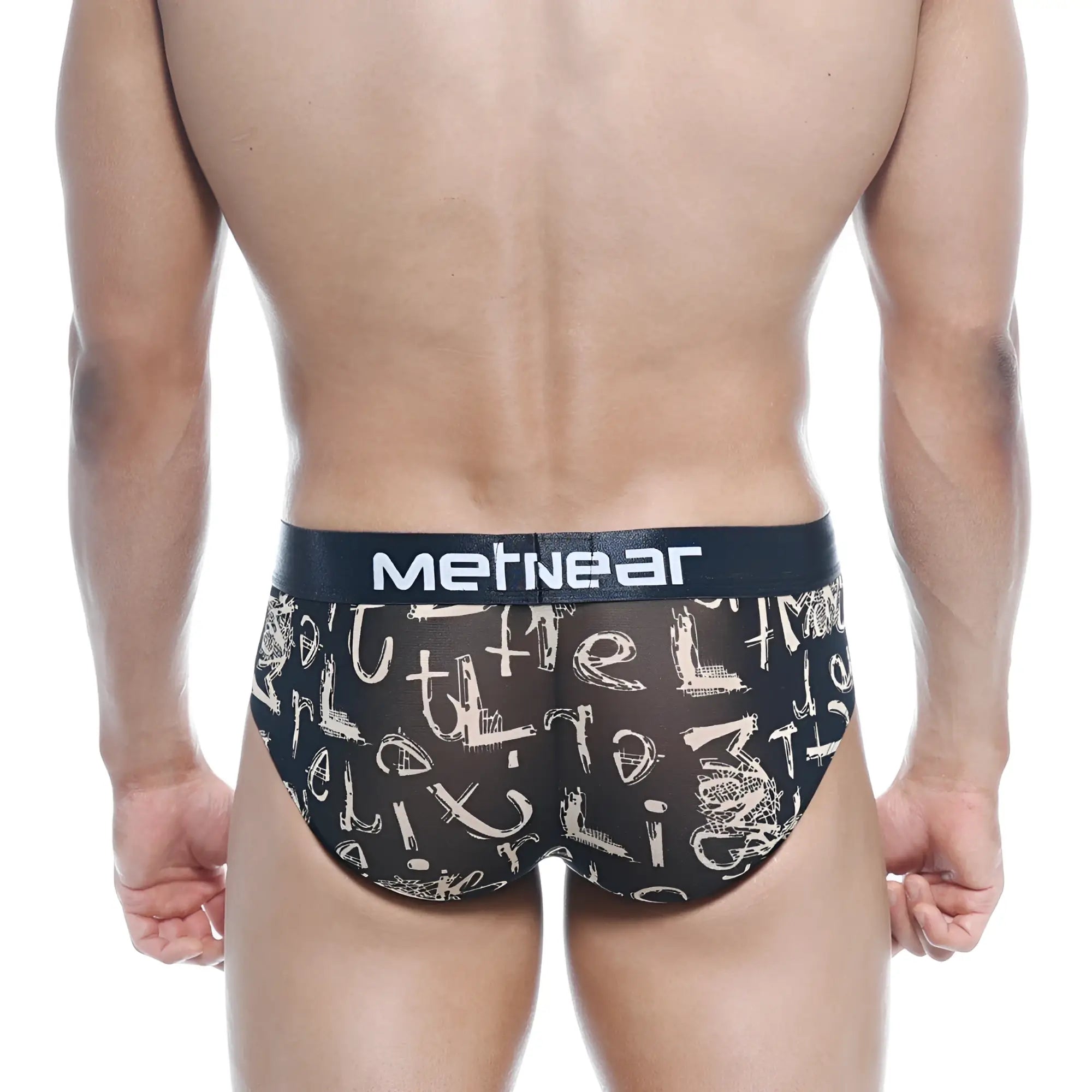 Black mesh briefs with white graffiti lettering and black mertnear waistband metro male wear hip brief bar oraculo 5003-03