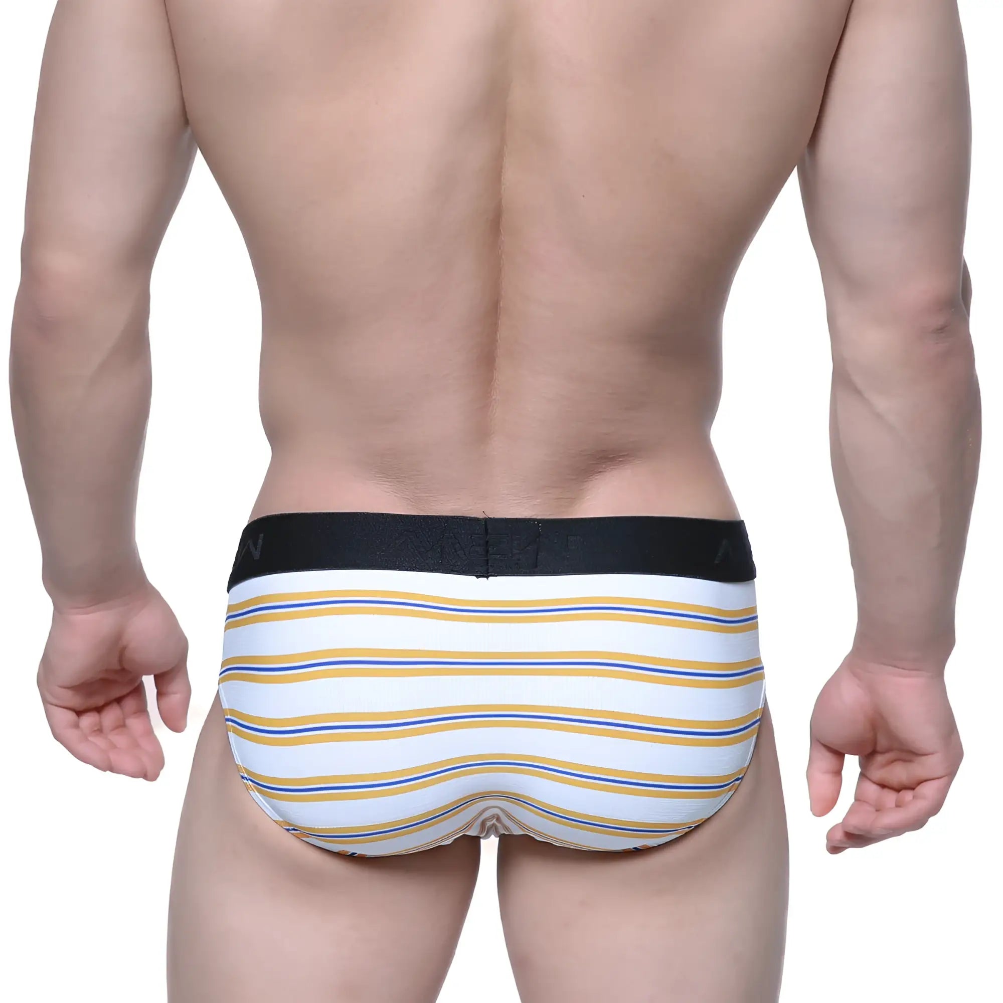 MetroMaleWear hip brief Valencia 5003-79 white with yellow and blue stripes and black elastic waistband front view