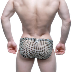 Black and white patterned swim trunks with geometric design by metromalewear horus bikini 5103-m77