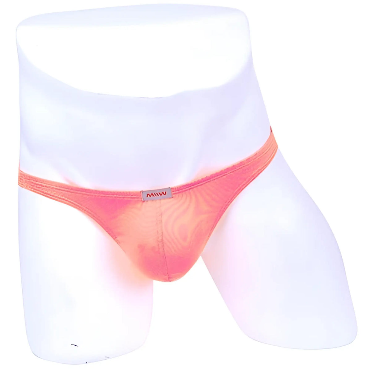 A vibrant coral-colored sheer mesh brief with a subtle gradient and brand tag from MetroMaleWear hot orange bikini thong