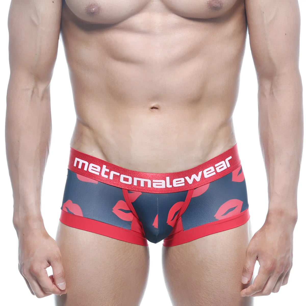 Red and navy blue MetroMaleWear Hotties boxer briefs with bold red lip print and branded elastic waistband