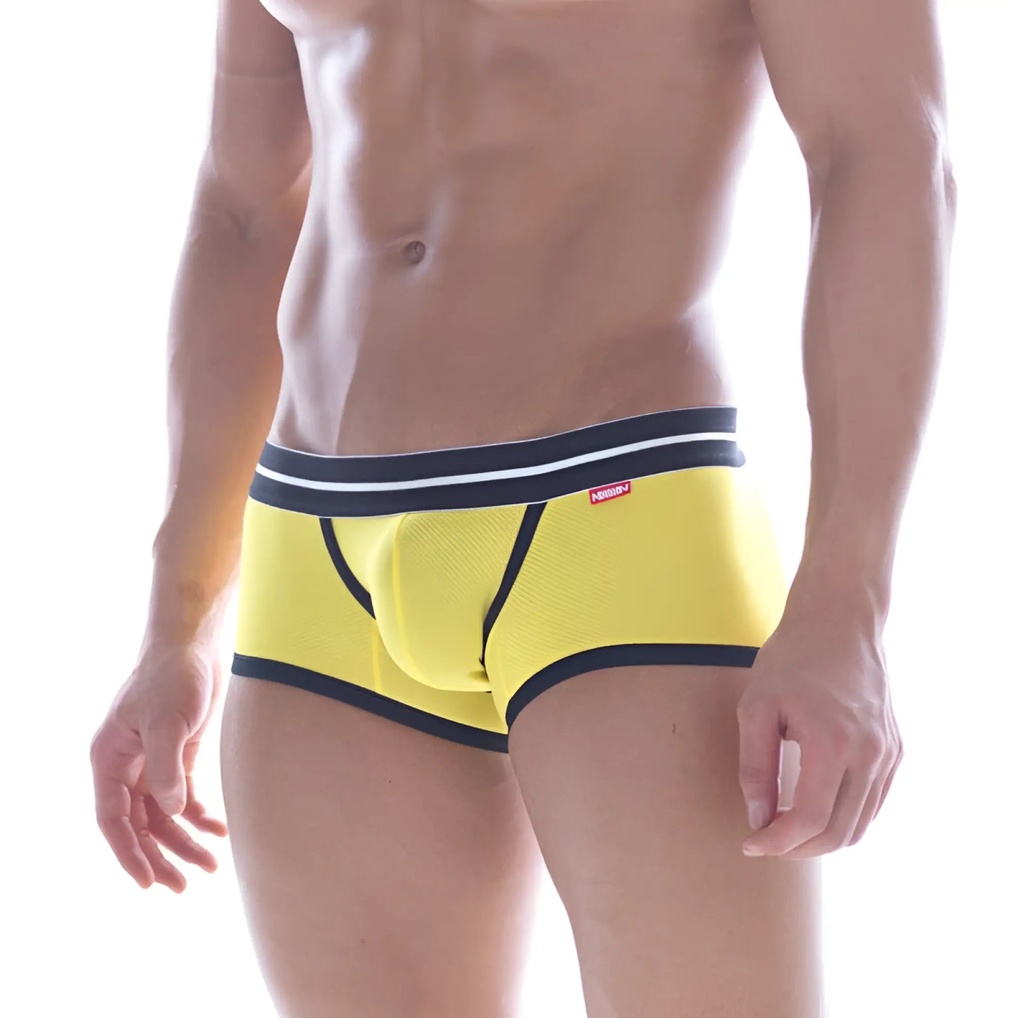 MetroMaleWear Hotties boxer yellow 7016-15 features bright yellow athletic briefs with navy trim white piping and textured mesh fabric