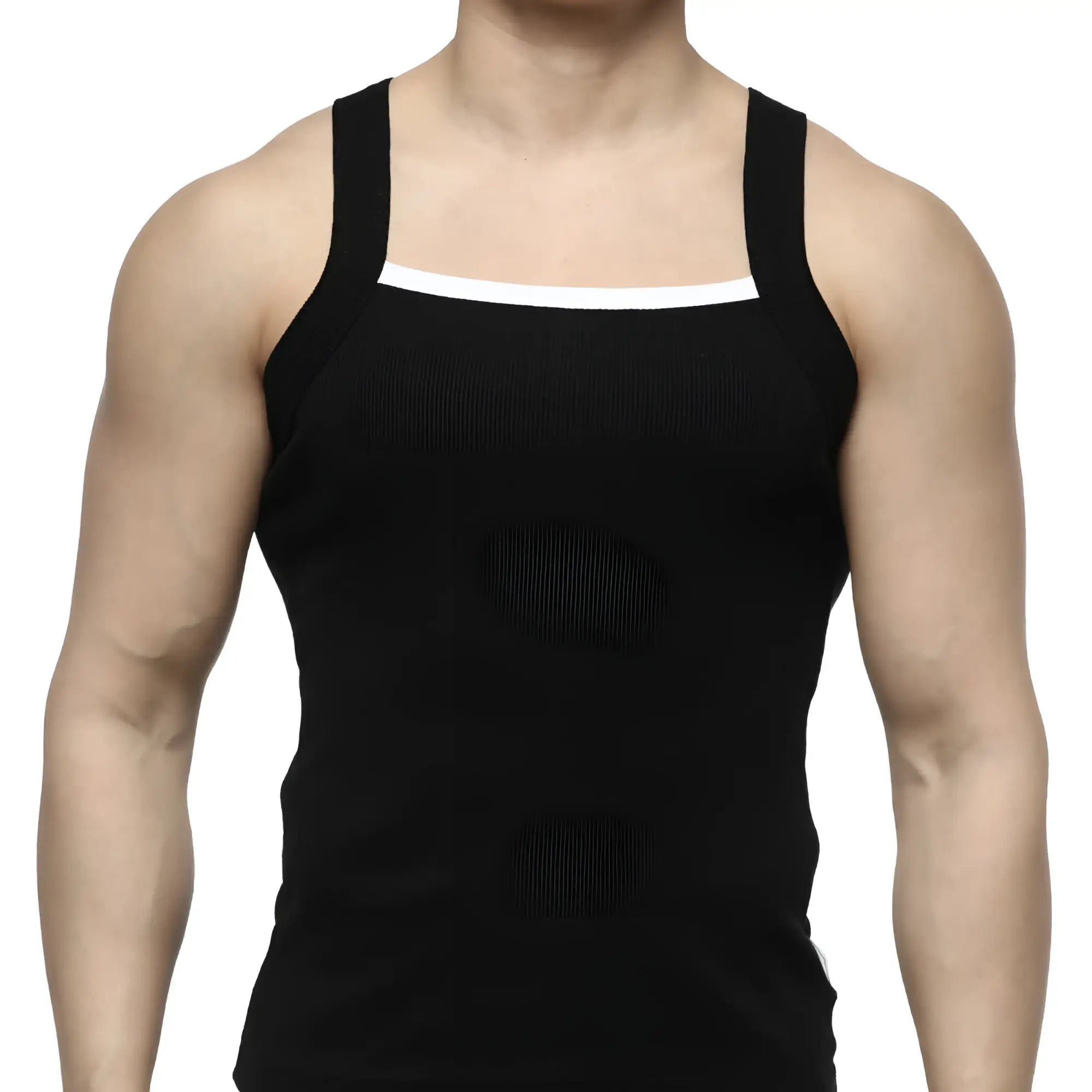 MetroMaleWear hummer tank top black with white trim on neckline and armholes in a lightweight casual style