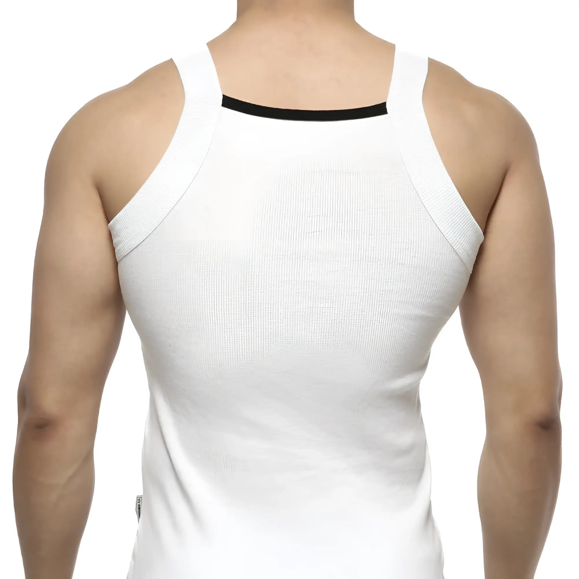 MetroMaleWear hummer tank top white ribbed cotton fabric with black trim along the neckline