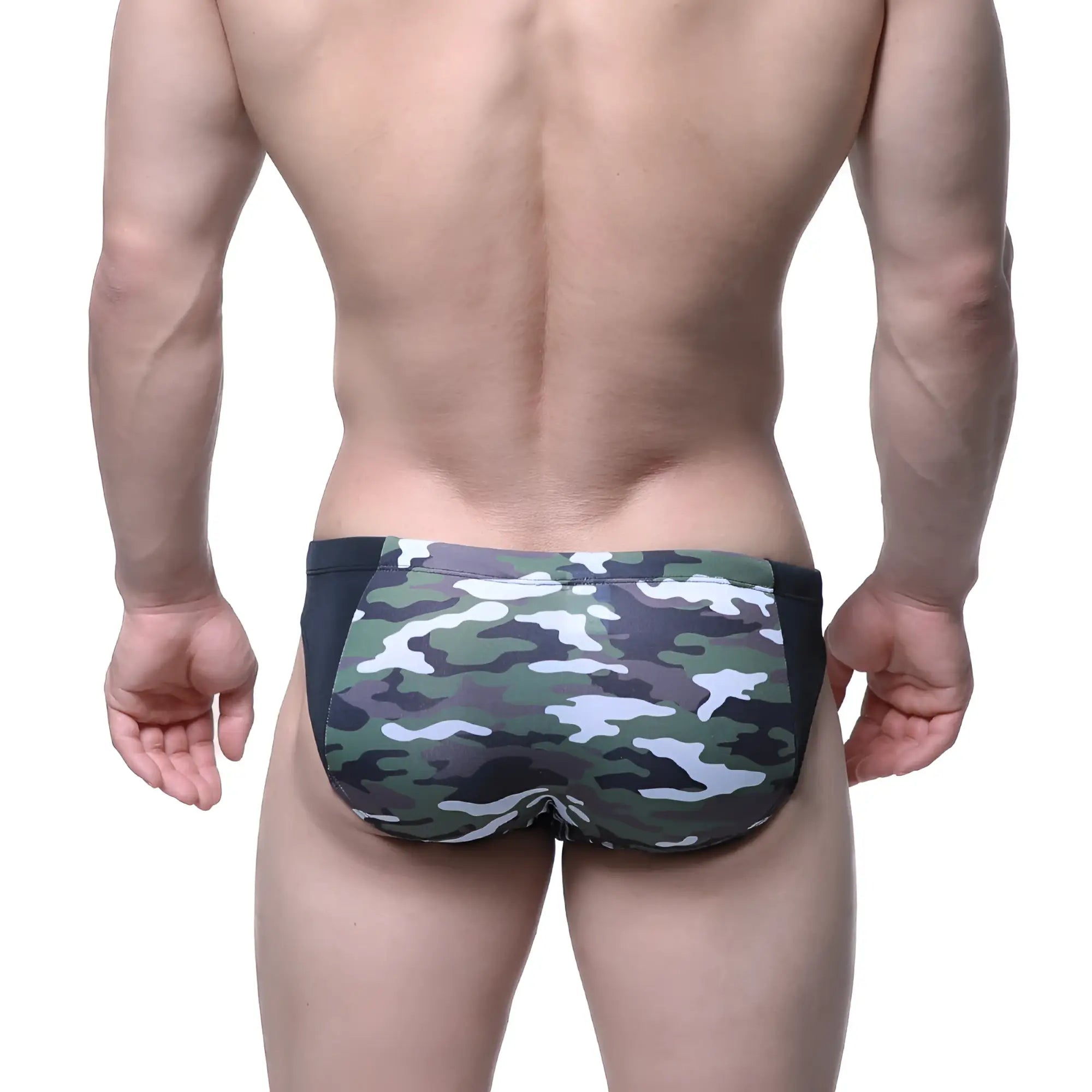 MetroMaleWear hunter swim brief camo 4977-90 green and white camouflage swim trunks with black side panels