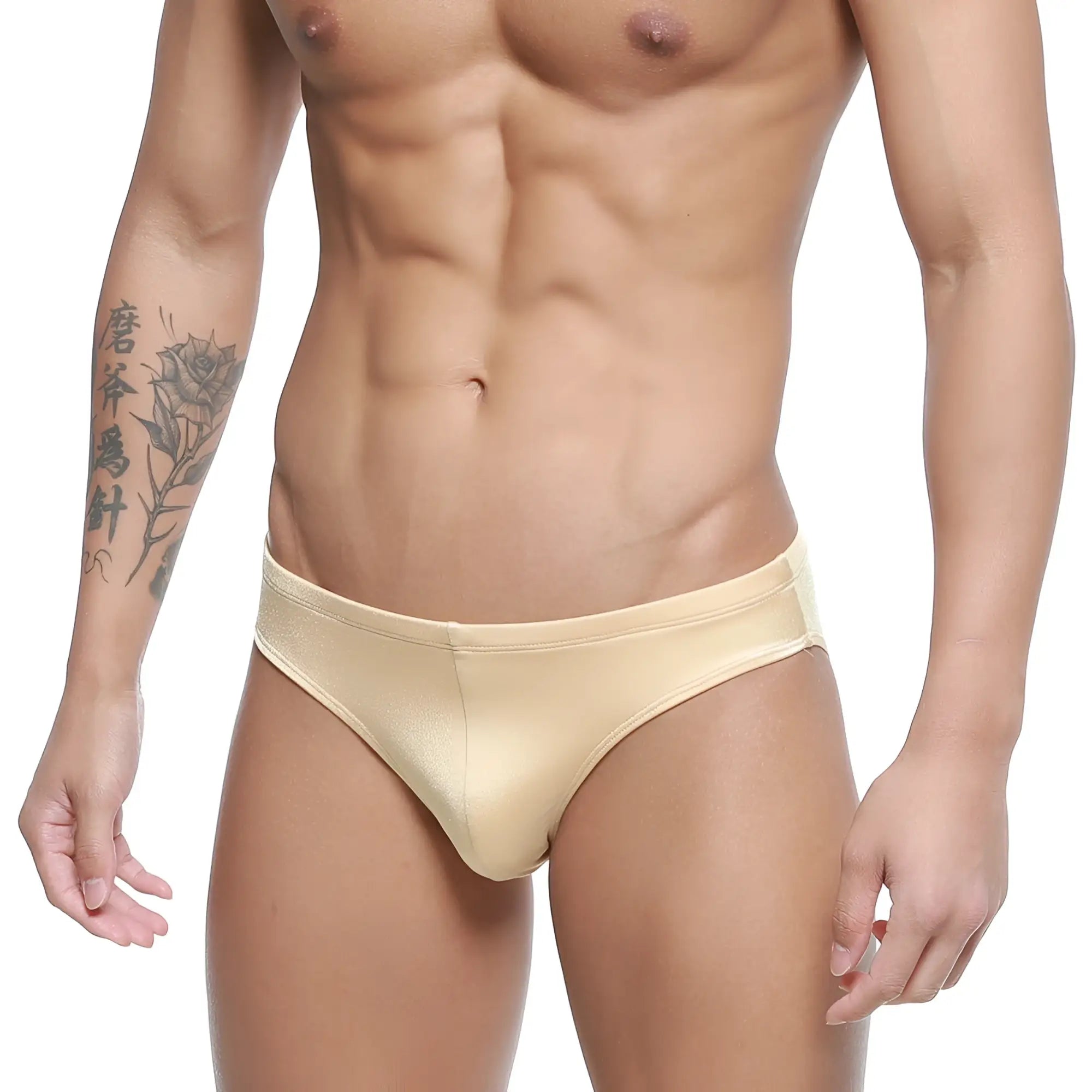 Beige metallic MetroMaleWear Hunter swim brief with sleek form-fitting design and gold accents for active swimwear use