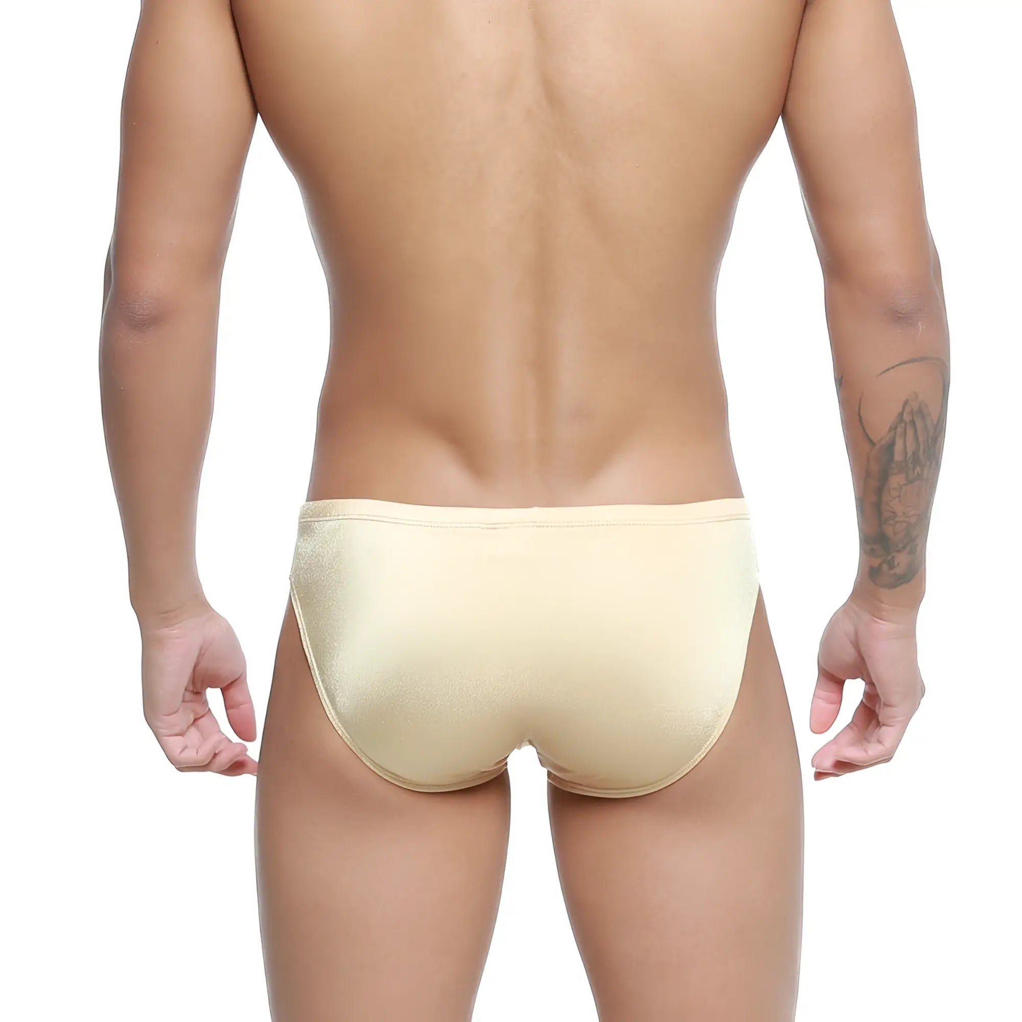 Beige satin metroMalewear hunter swim briefs with smooth shiny finish designed for comfortable beachwear