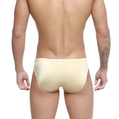 Beige satin metroMalewear hunter swim briefs with smooth shiny finish designed for comfortable beachwear