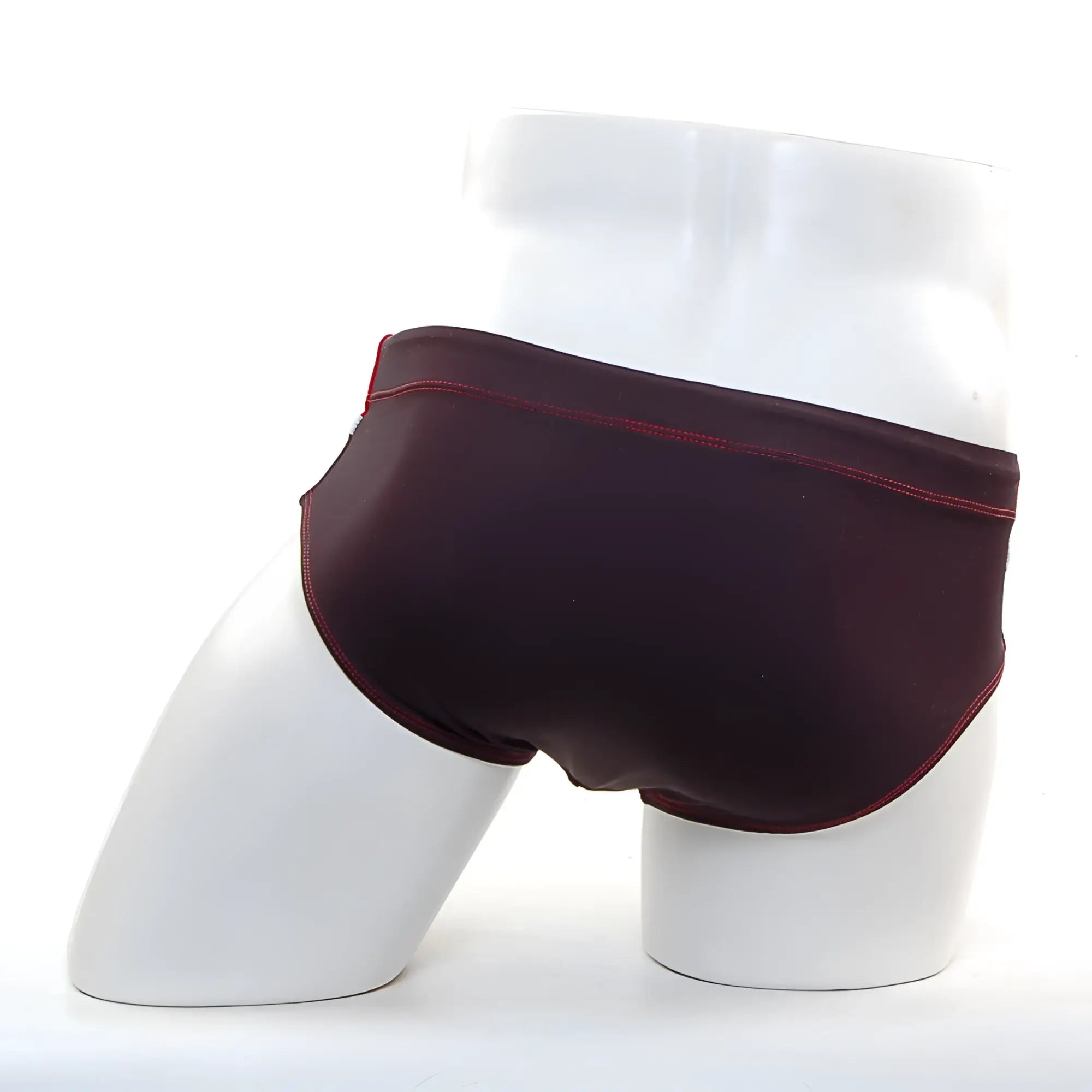 MetroMaleWear Ibiza swim brief black 4928-22 in dark burgundy with contrasting red stitching along waistband and legs