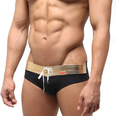 Black swim trunks with wide gold metallic waistband and white drawstring metro male wear ibiza swim brief metal gold 4928-31