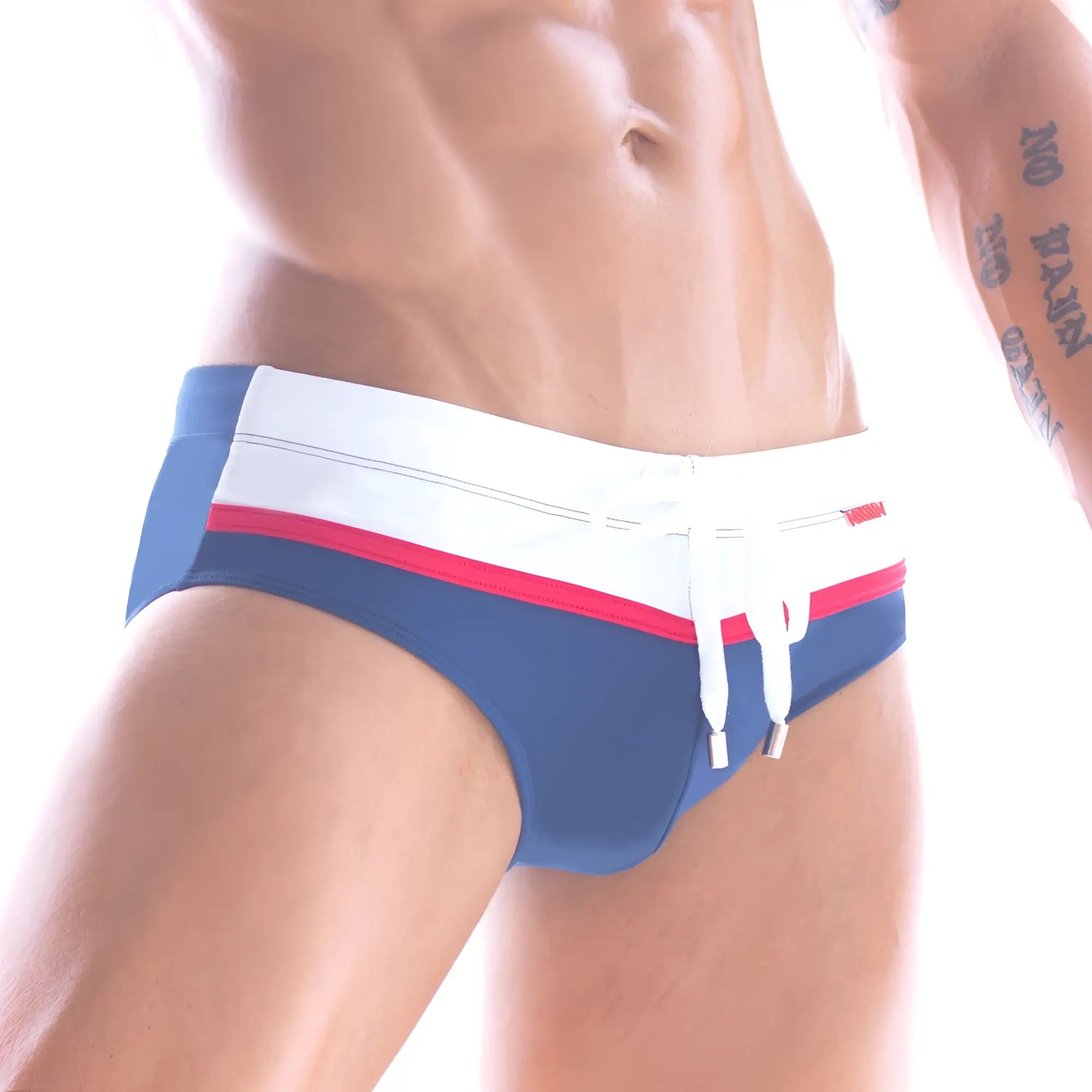 Blue metro Malewear Ibiza swim brief with white waistband red stripe and matching drawstrings for swimming