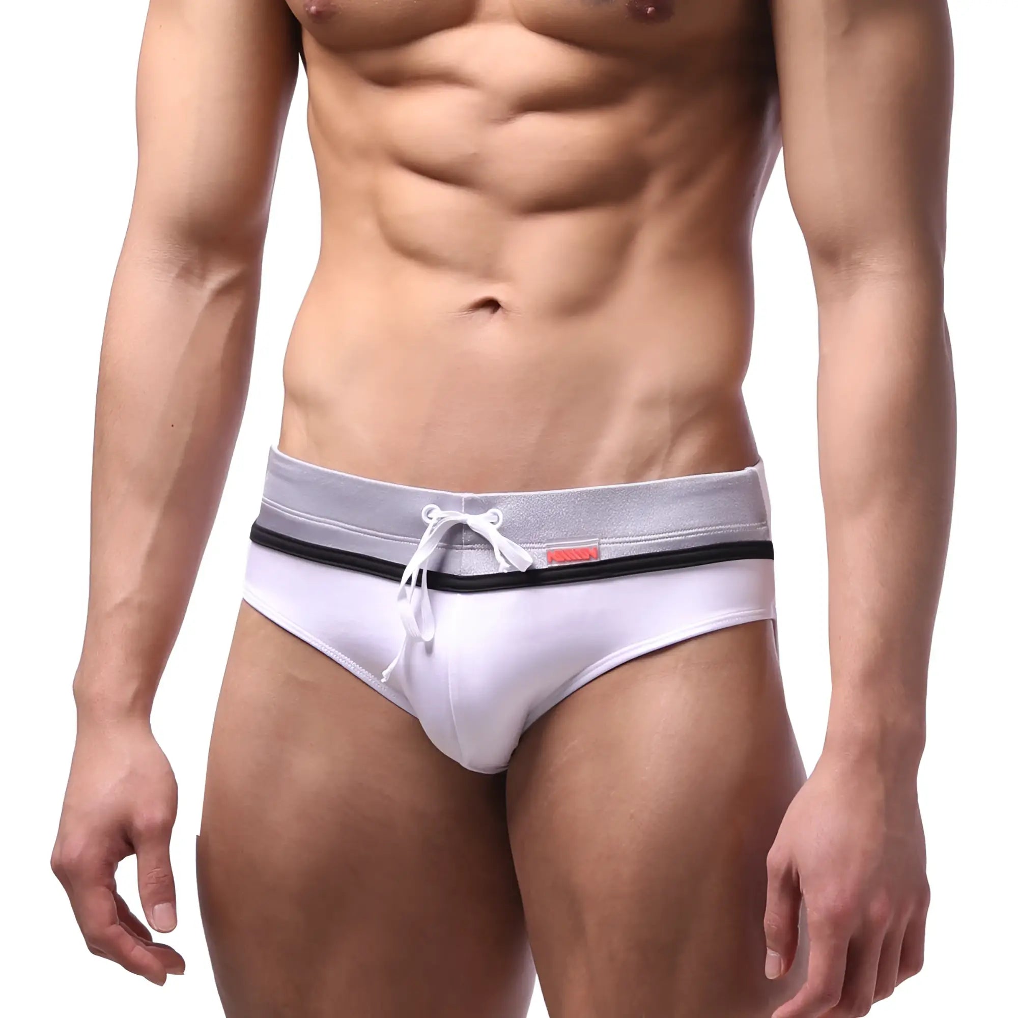 MetroMaleWear Ibiza swim brief white with silver waistband black trim and white drawstrings for beachwear