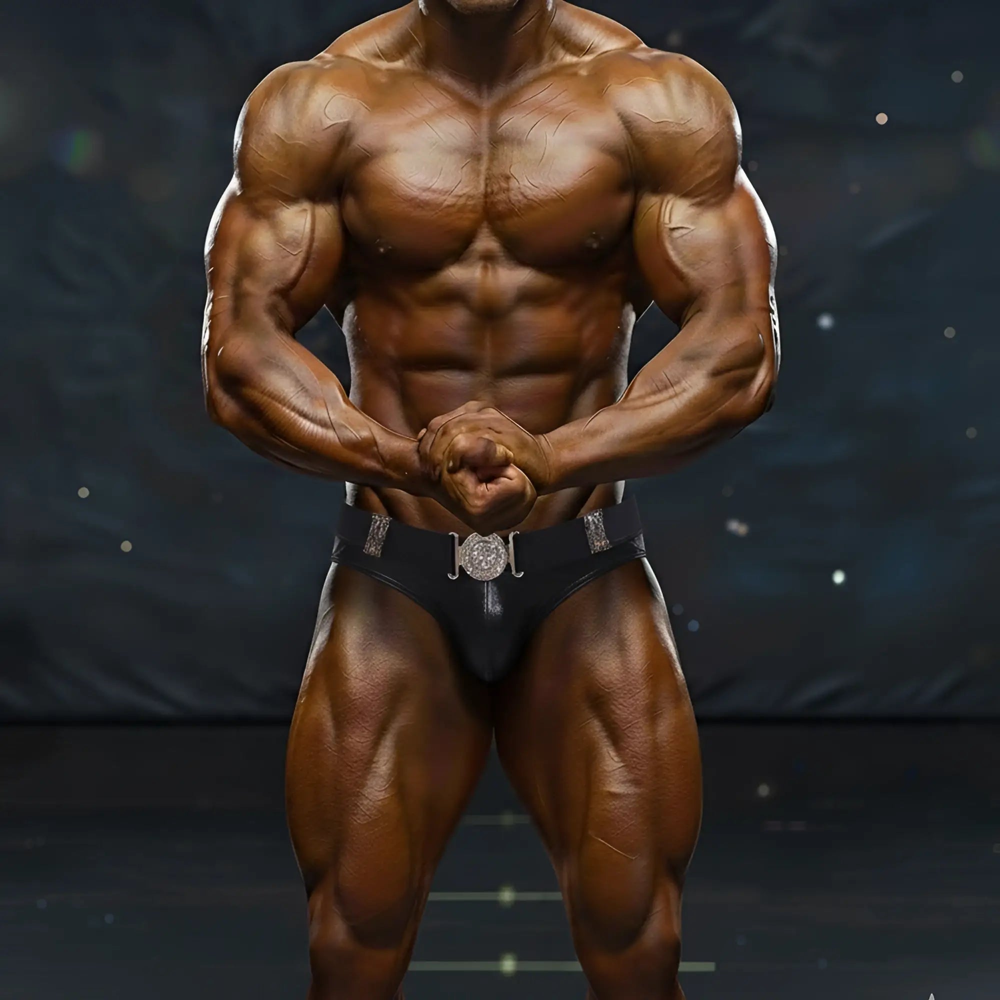 Black competitive bodybuilding briefs with silver ornate belt buckle from metro malewear icon swim brief gold 4946-30