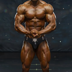 Black competitive bodybuilding briefs with silver ornate belt buckle from metro malewear icon swim brief gold 4946-30