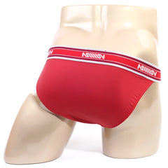 Red men’s briefs metroMalewear inferno bikini 3608-12 with white and red striped waistband featuring aomiv logo