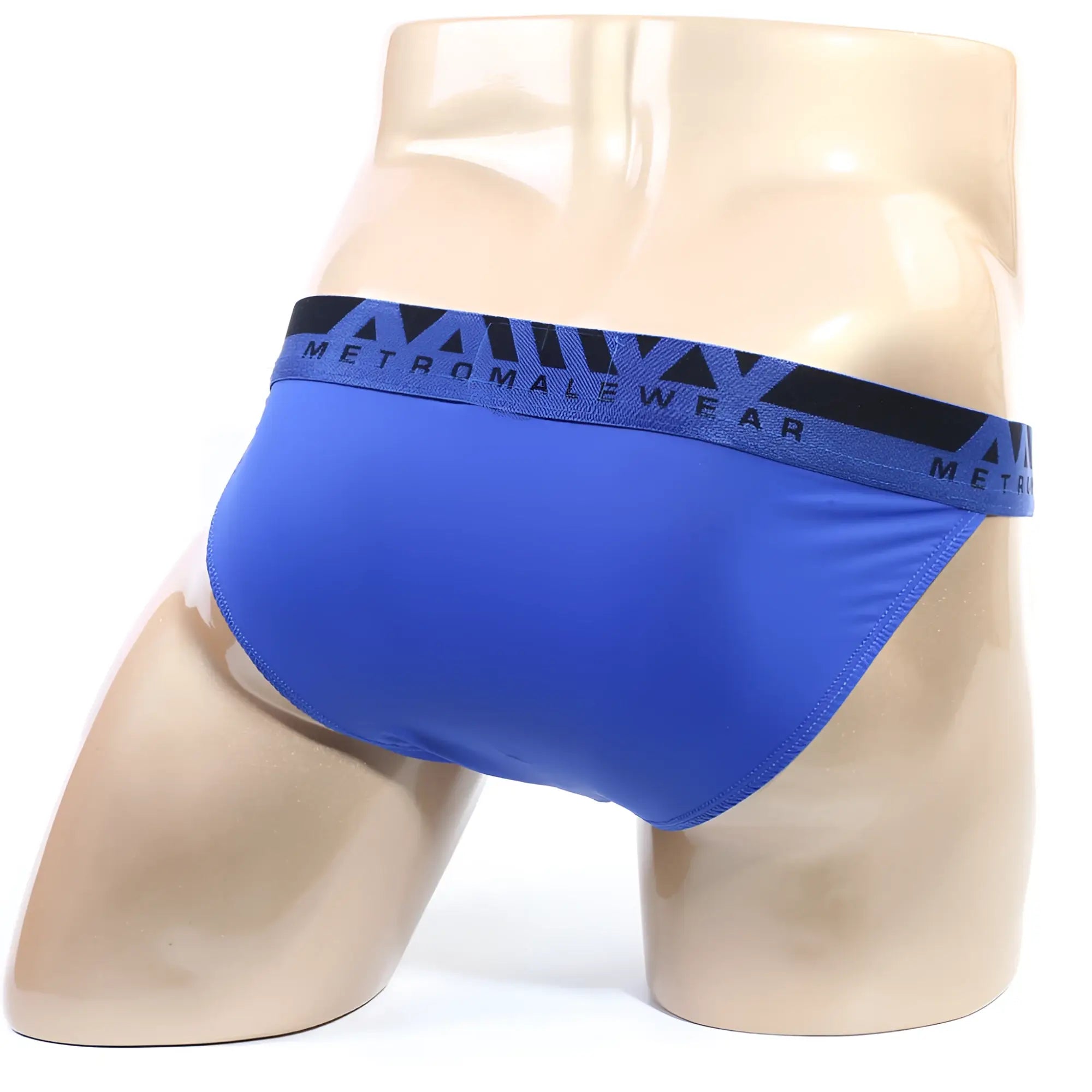 MetroMaleWear Inferno bikini royal blue briefs with black waistband and white metromalewear logo for men