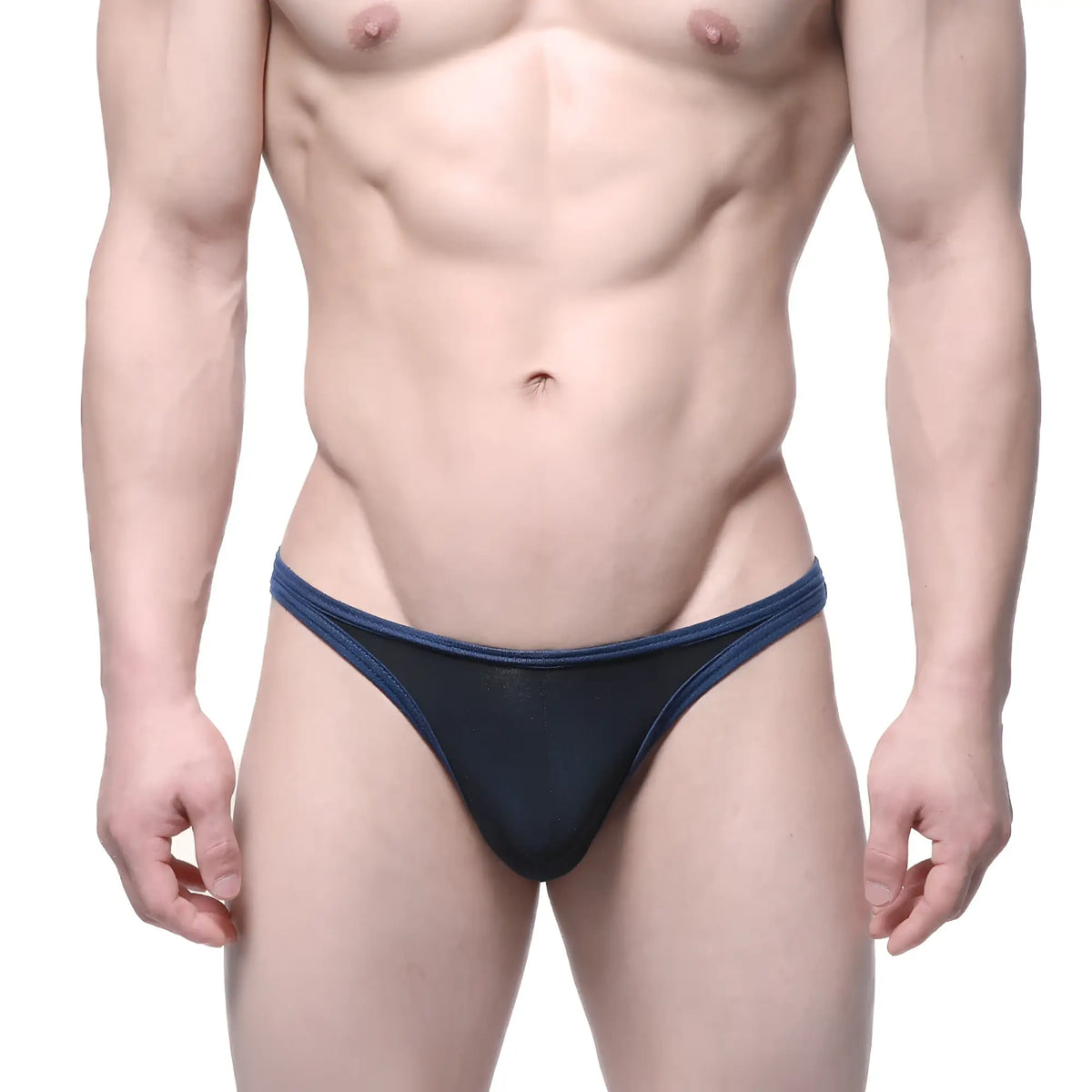 MetroMaleWear Infinito bikini black 6017-20 navy blue mesh thong with solid navy trim front view