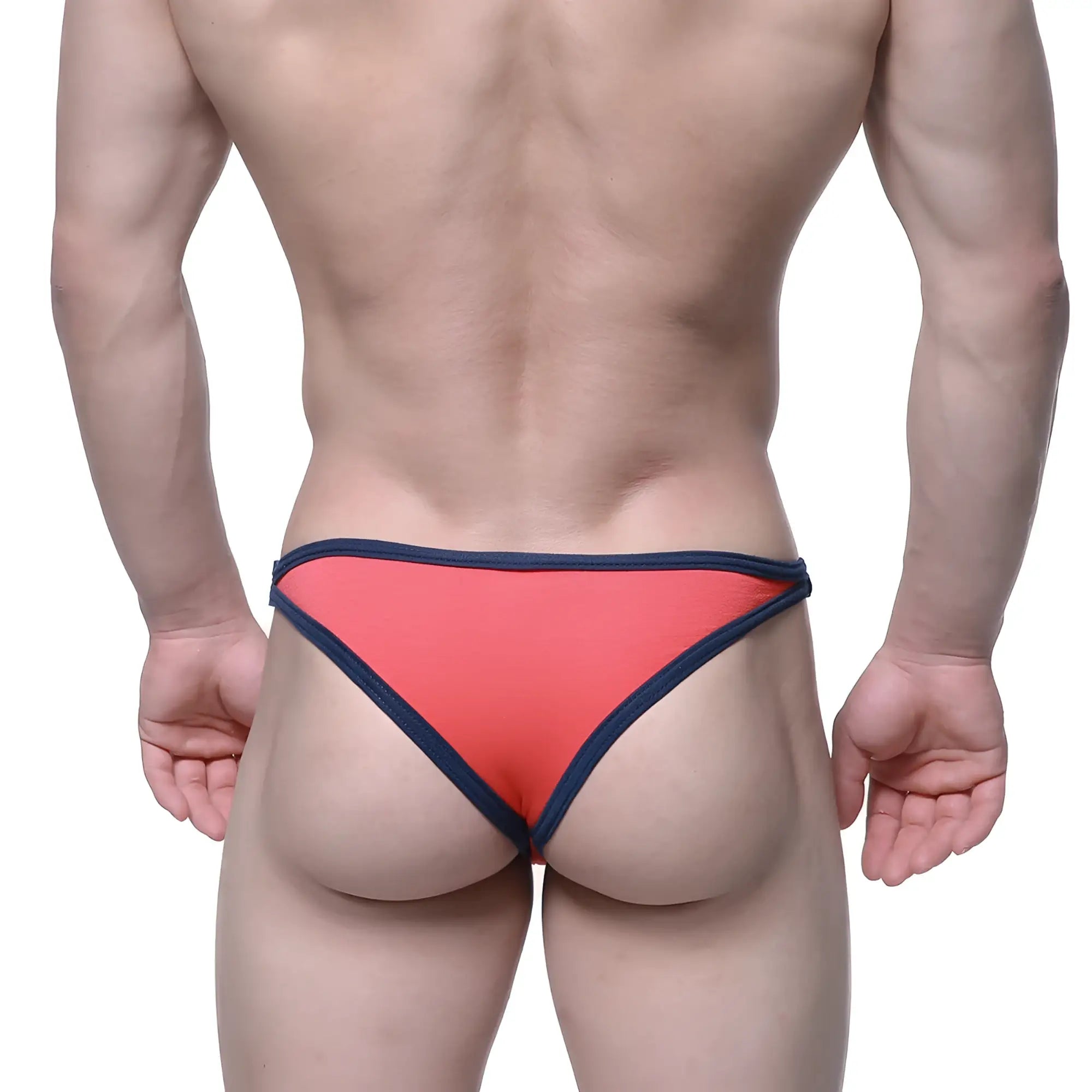Coral-colored metro male wear infinito bikini briefs with navy blue trim designed for comfort and style