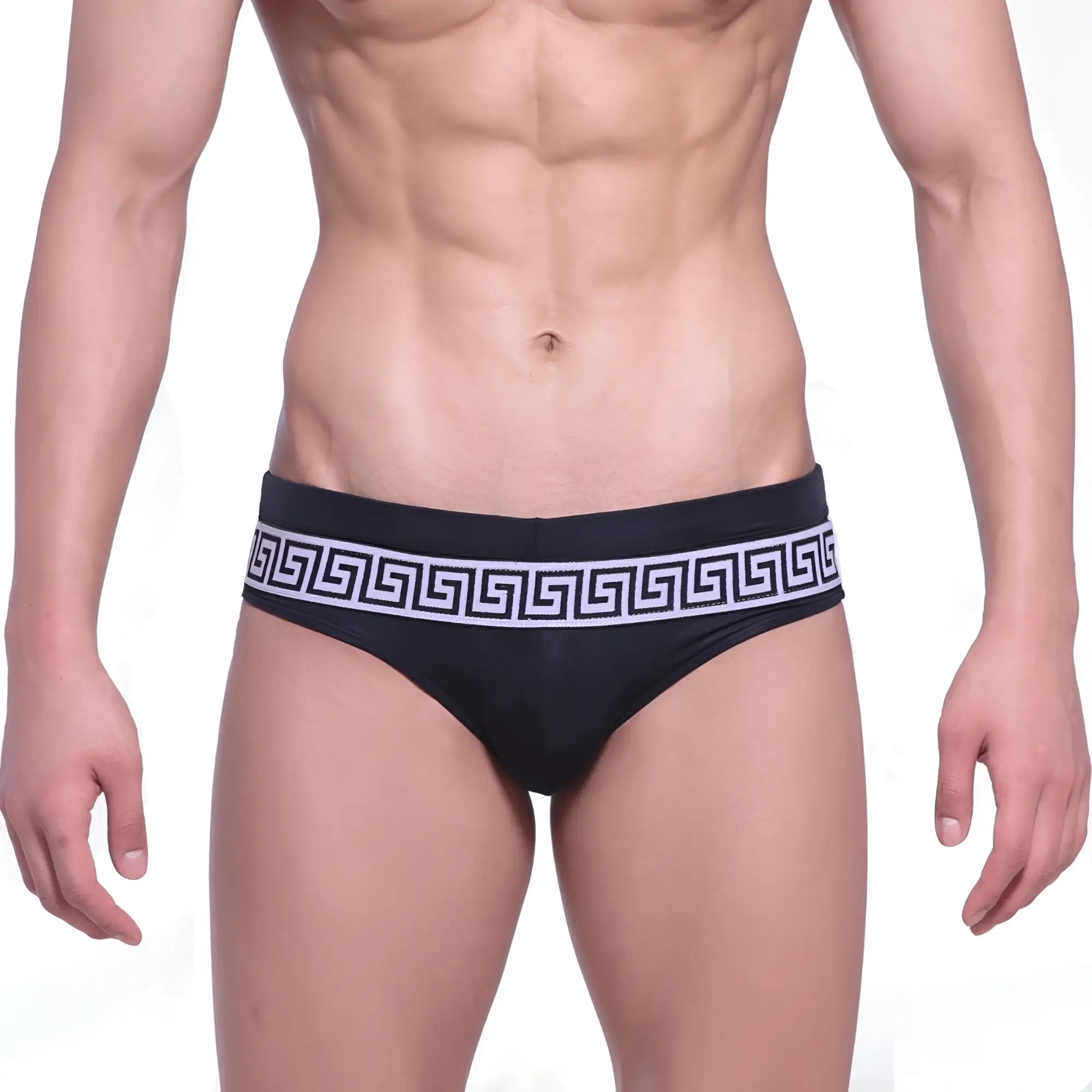 MetroMaleWear intenso swim brief black with bold white greek key pattern on waistband for stylish swimming