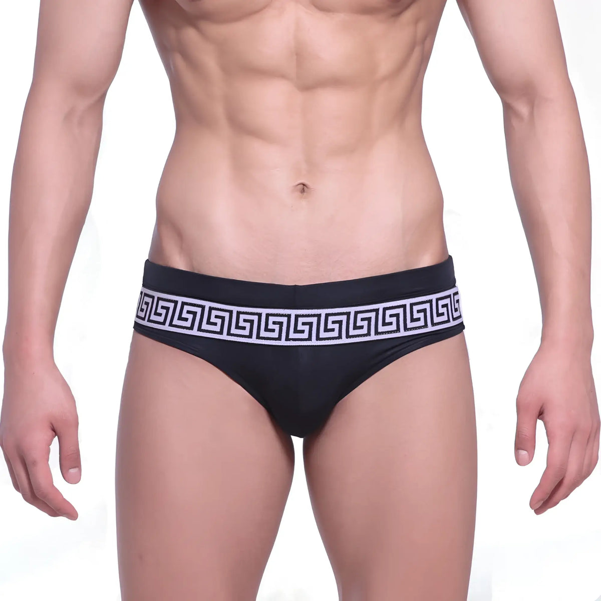MetroMaleWear intenso swim brief black with bold white greek key pattern on waistband for stylish swimming