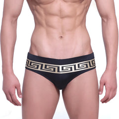 Metro male wear intenso swim brief black with gold greek key pattern on waistband designed for swimming