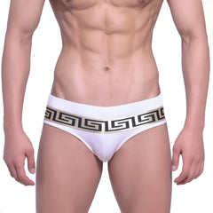 White briefs with bold black and gold greek key waistband from metromalewear intenso swim brief white-gold 4966-01