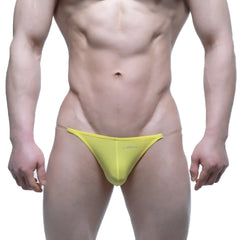 Bright yellow form-fitting thong bikini with subtle new logo on front metro male wear invisible bikini 3704-15