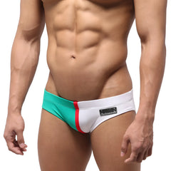 MetroMaleWear Italian swim bikini 4922-07 white and teal swim trunks with red stripe detail for men