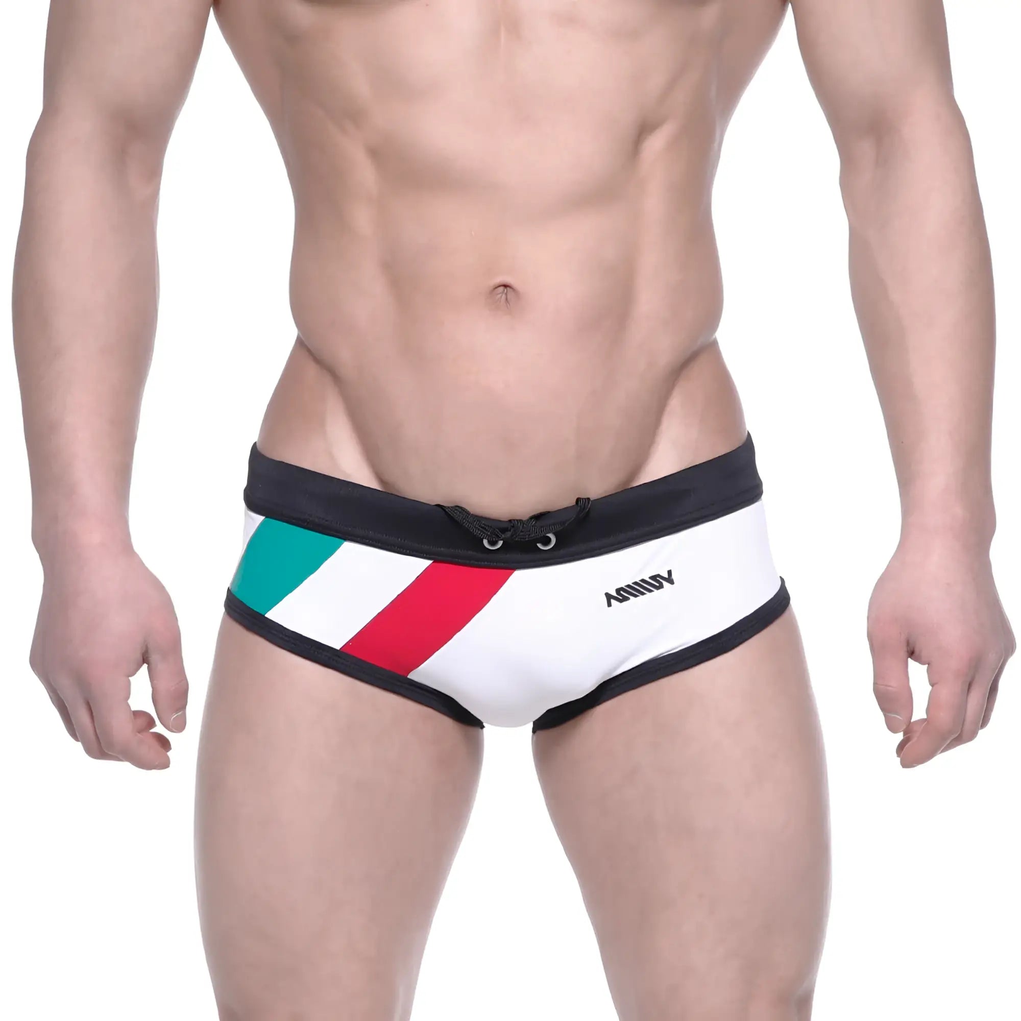 White swim briefs with black trim and diagonal green white and red stripes from metromalewear italy flag series