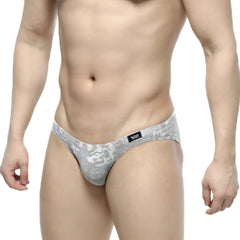 Gray lace-patterned MetroMaleWear jacquard bikini briefs with subtle sheen and black logo tag on waistband