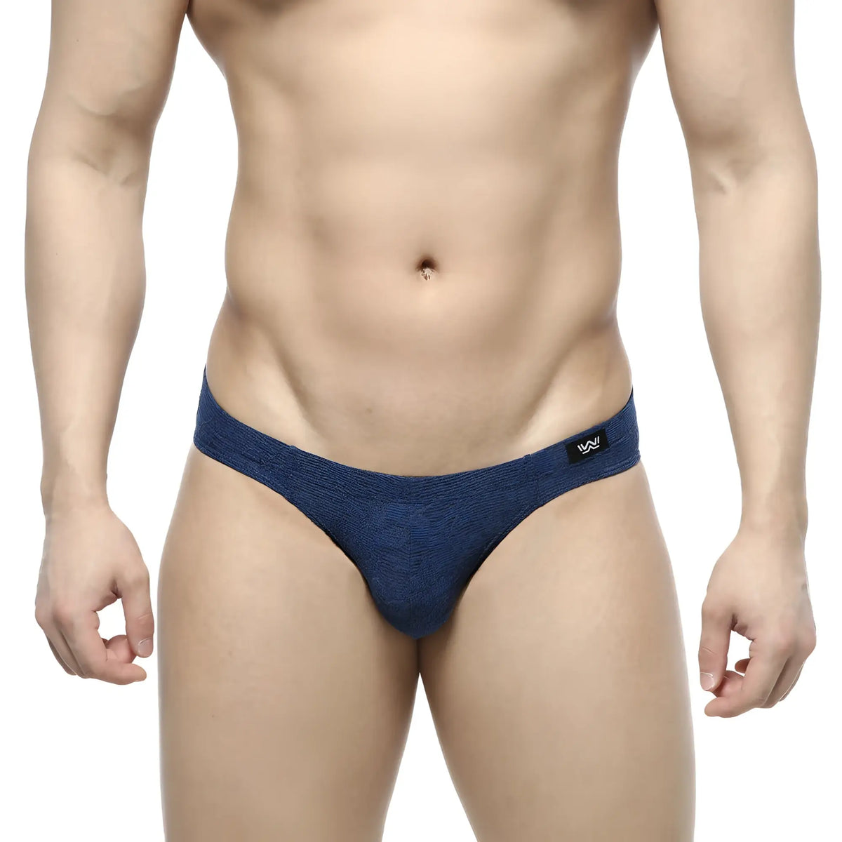 Navy blue textured men’s briefs with jacquard fabric and black logo on waistband from metromalewear royal 5103-16