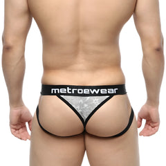 Black and silver jacquard patterned thong with metroewear branded waistband from metro malewear gray 2901-07 collection