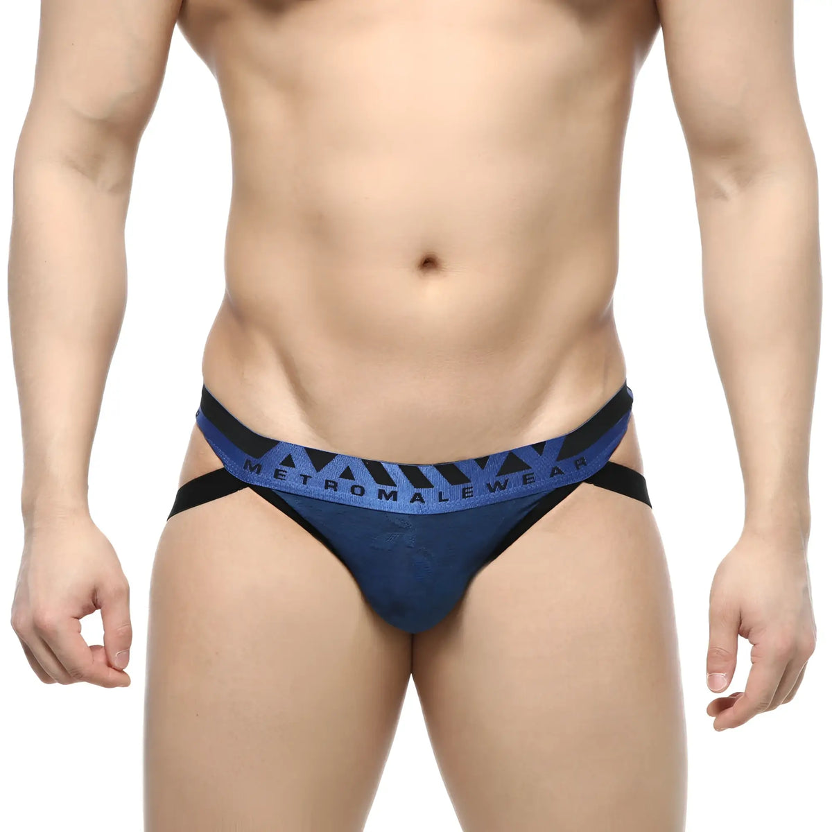 Blue and black metromalewear jacquard jockstraps with a patterned waistband in royal 2901-18 design