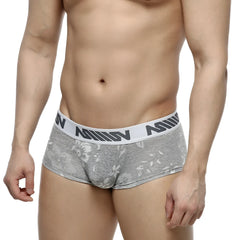 Gray jacquard floral patterned briefs with white elastic waistband featuring black nomin lettering metro male wear