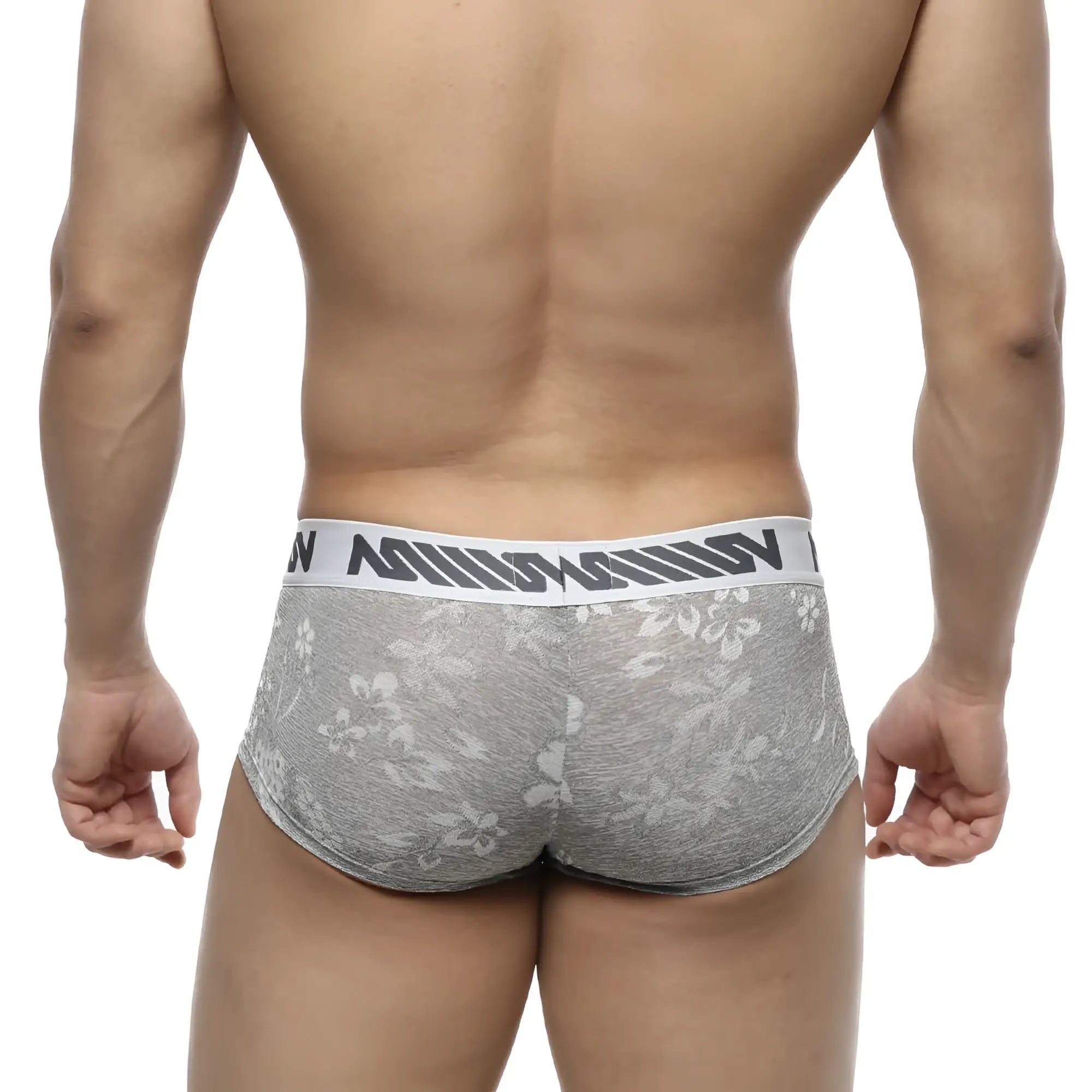 Gray lace briefs with white jacquard waistband featuring black lettering from MetroMaleWear 2026-11 collection
