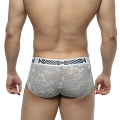 Gray lace briefs with white jacquard waistband featuring black lettering from MetroMaleWear 2026-11 collection