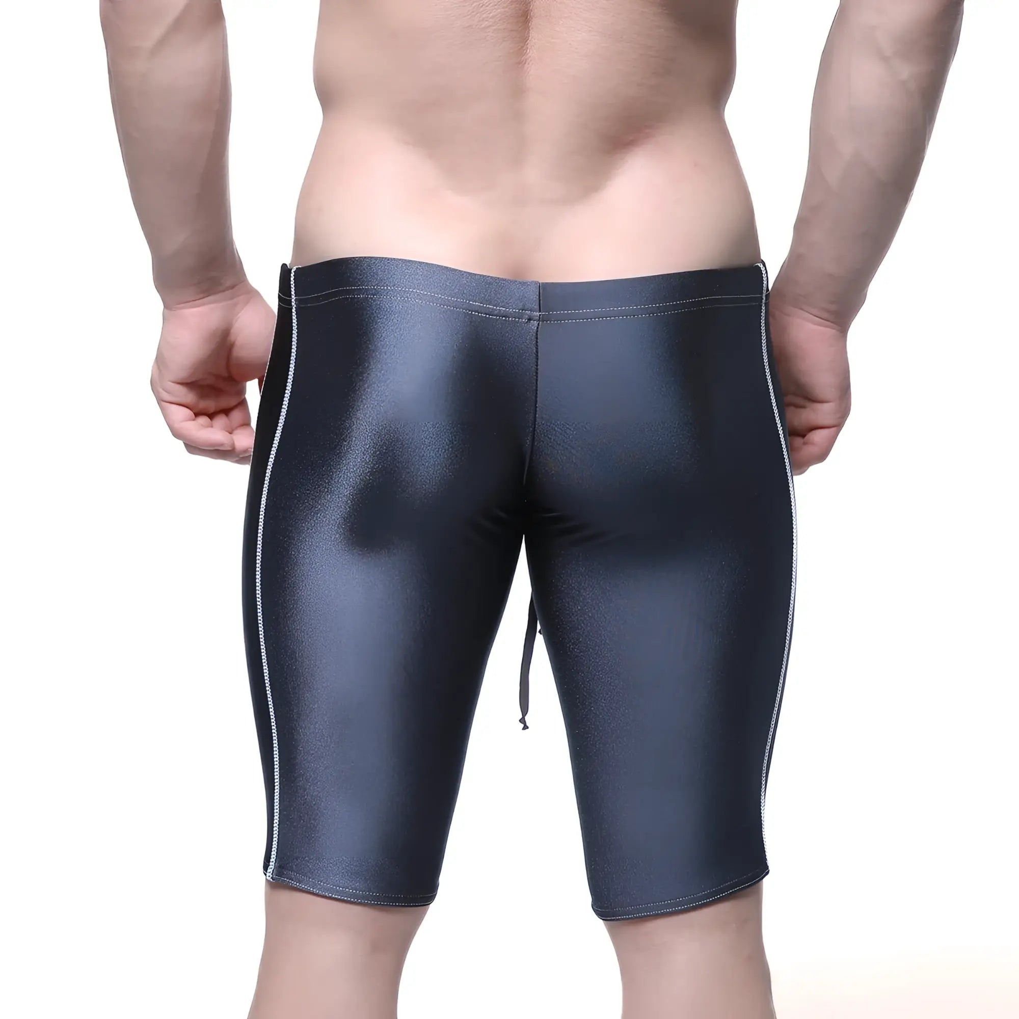 Black shiny MetroMaleWear Jammer swim boxer with white side stitching charcoal fabric for swimming and sports use