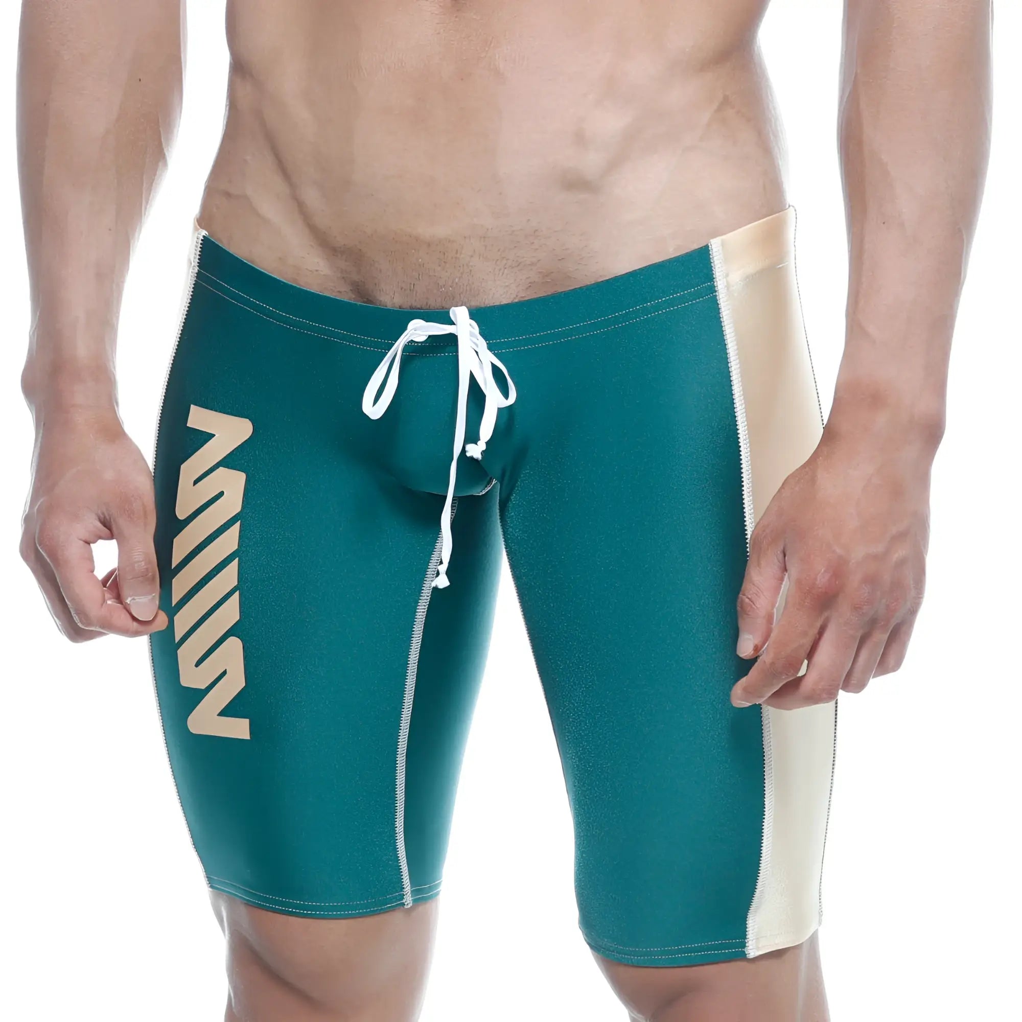 Tealm cream-colored metro malewear jammer swim boxer with white drawstring and vertical side branding