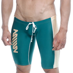 Tealm cream-colored metro malewear jammer swim boxer with white drawstring and vertical side branding
