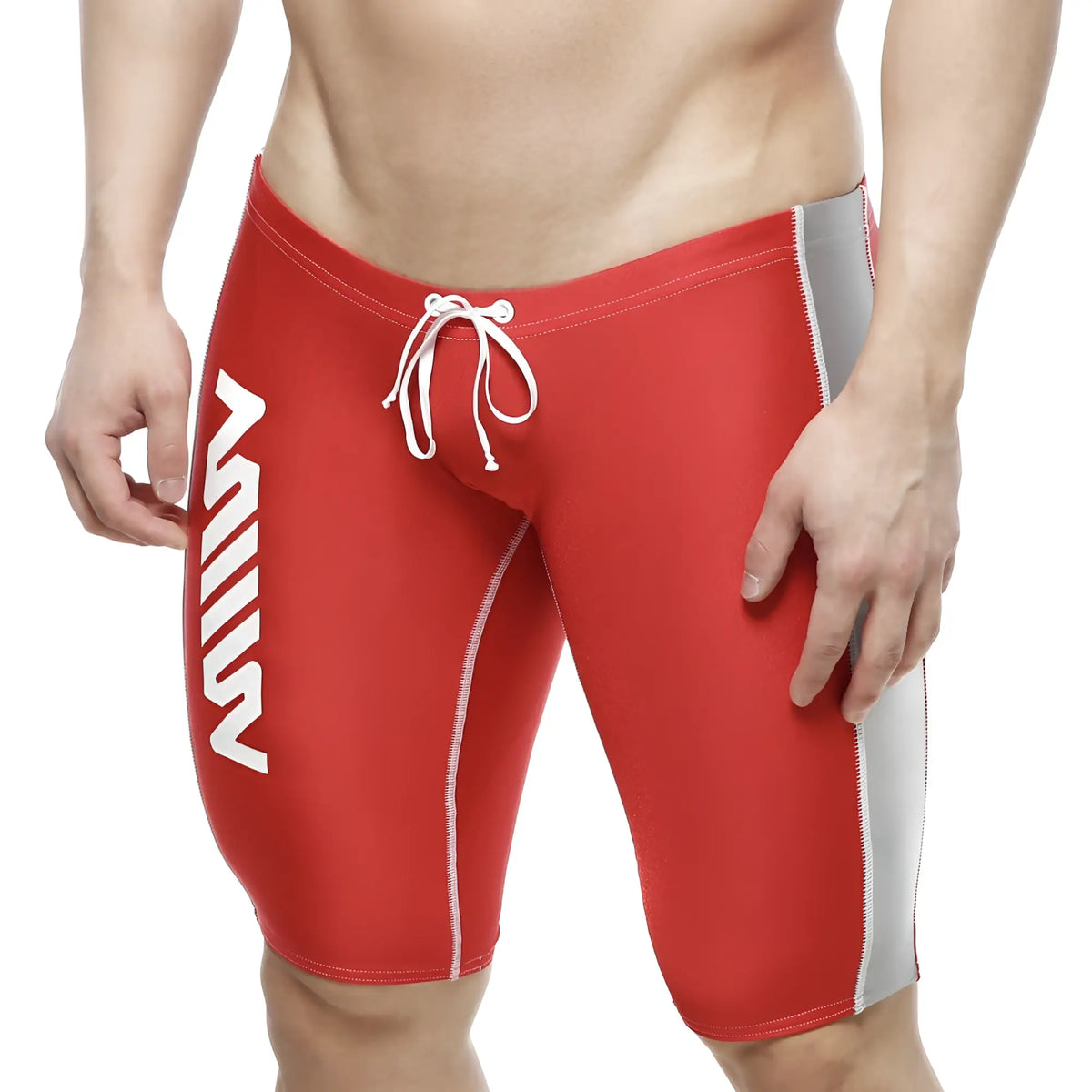 Red men’s jammer swim boxer with white side stripes and gray thigh panel by metromalewear model 4904-12