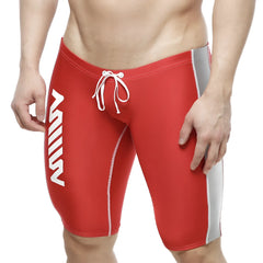 Red men’s jammer swim boxer with white side stripes and gray thigh panel by metromalewear model 4904-12