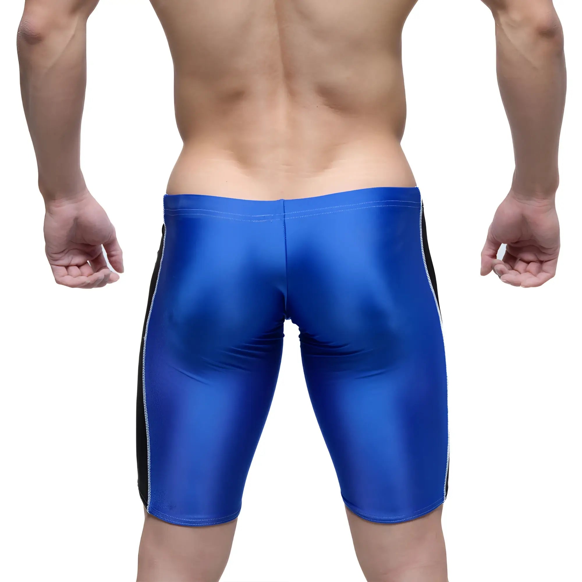 Metro male wear jammer swim boxer royal in blue shiny fabric with black side panels and white stitching