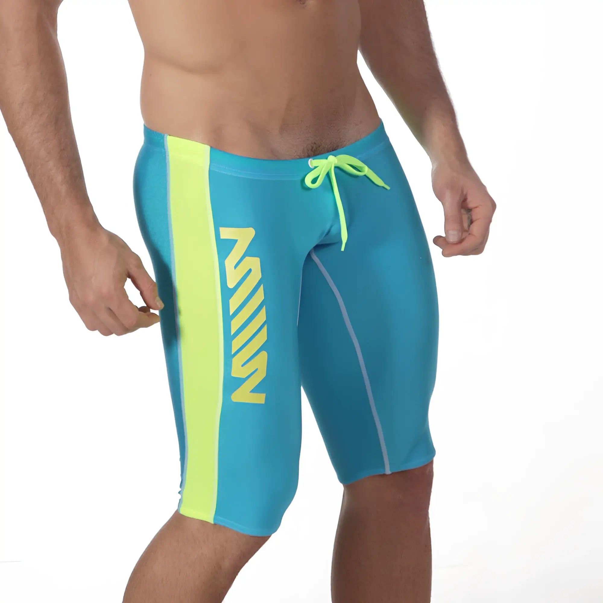 Bright blue metro malewear jammer swim boxer with neon yellow vertical stripe and matching drawstring in turquoise