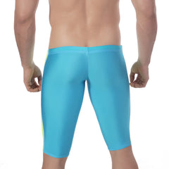 MetroMaleWear Jammer swim boxer in bright turquoise with neon yellow side stripes for active swimwear use