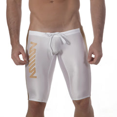 White metro malewear jammer swim boxer with gold vertical lettering and side stripes for athletic use